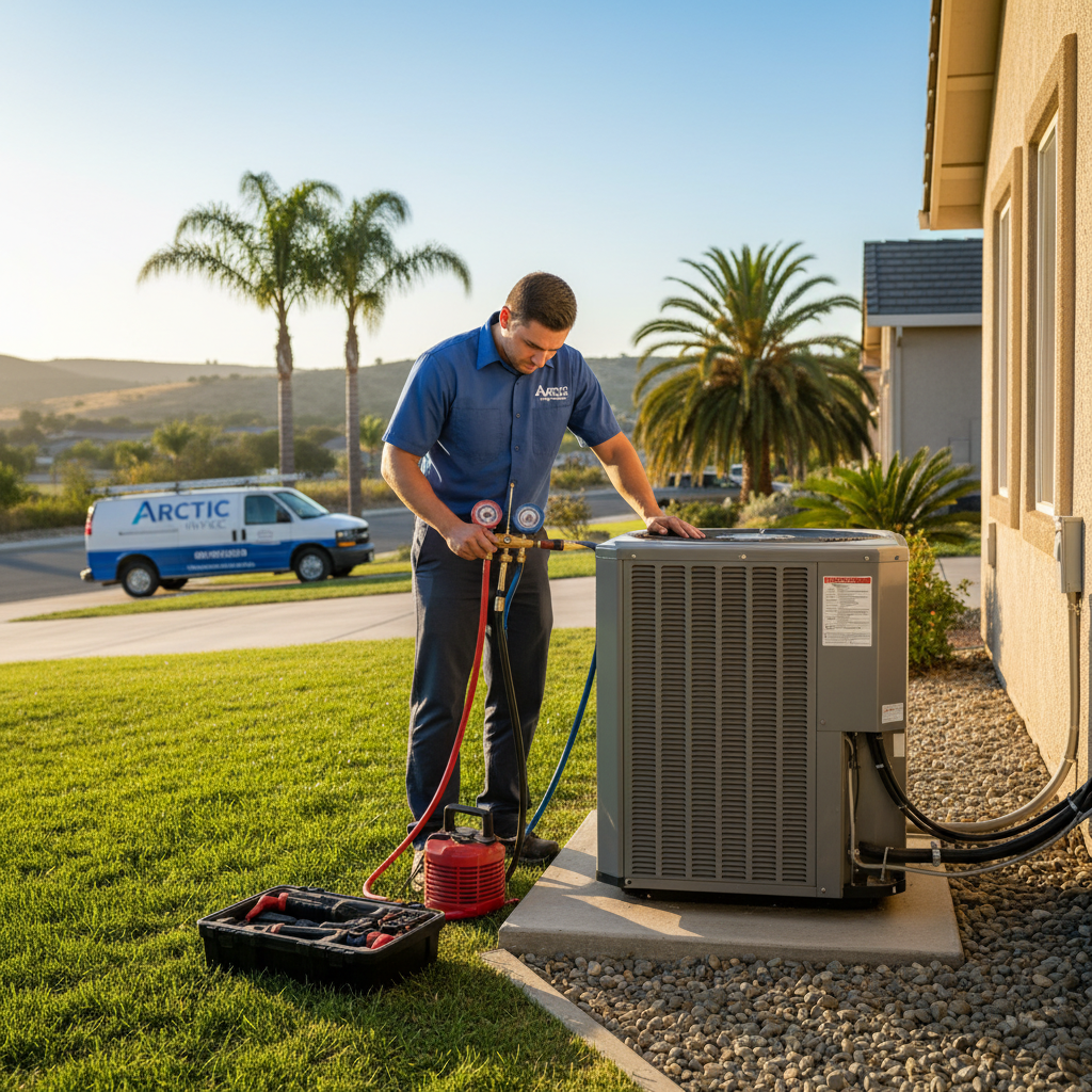 Technician beside condenser under palm trees