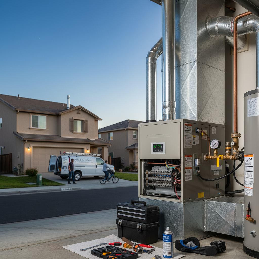Residential gas furnace maintenance at driveway